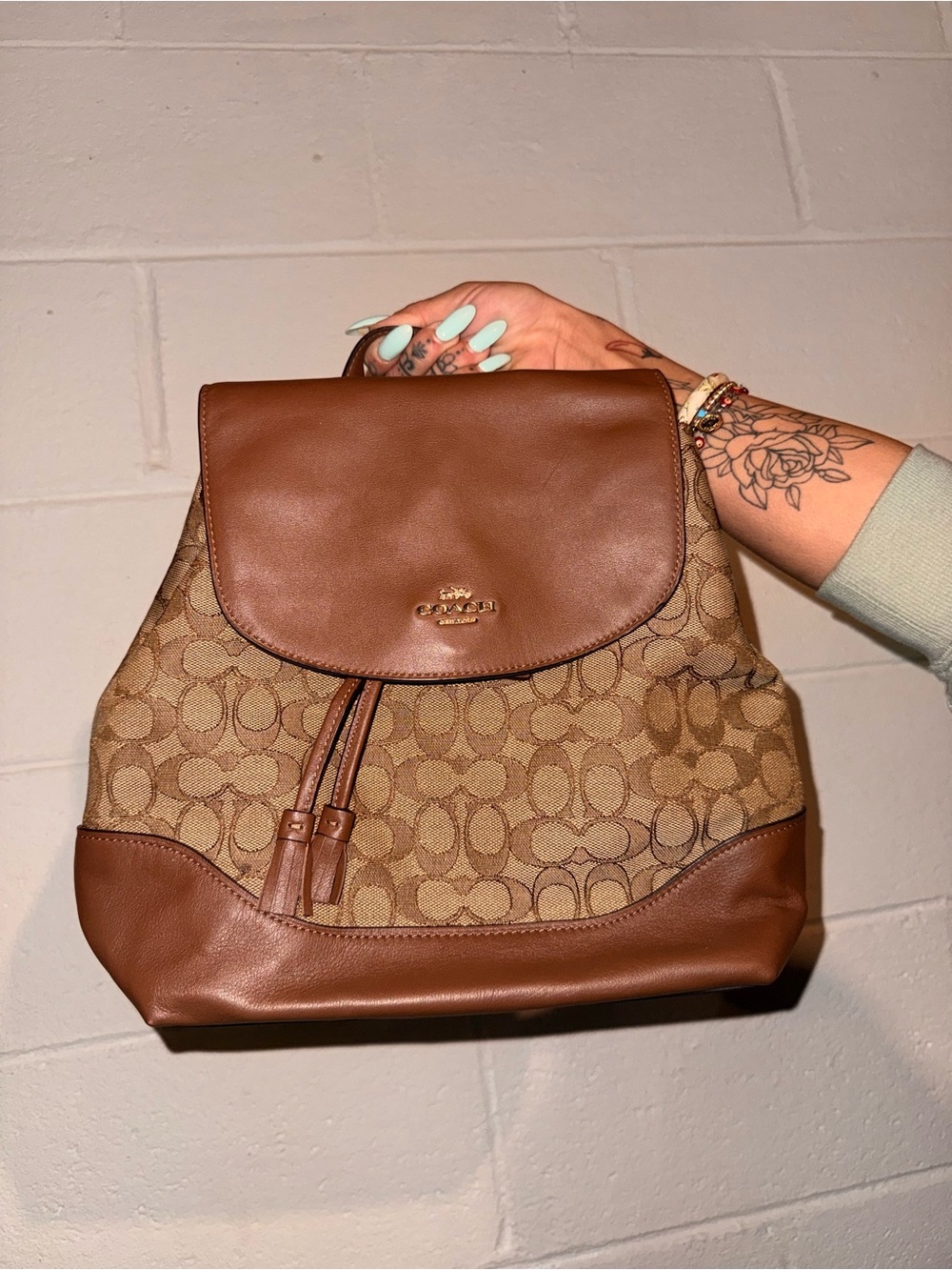 Coach Tan and Brown Signature Canvas Backpack with Leather Flap